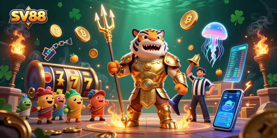 Experience the exciting SV88 gaming adventure with vibrant slot elements and dynamic underwater characters.