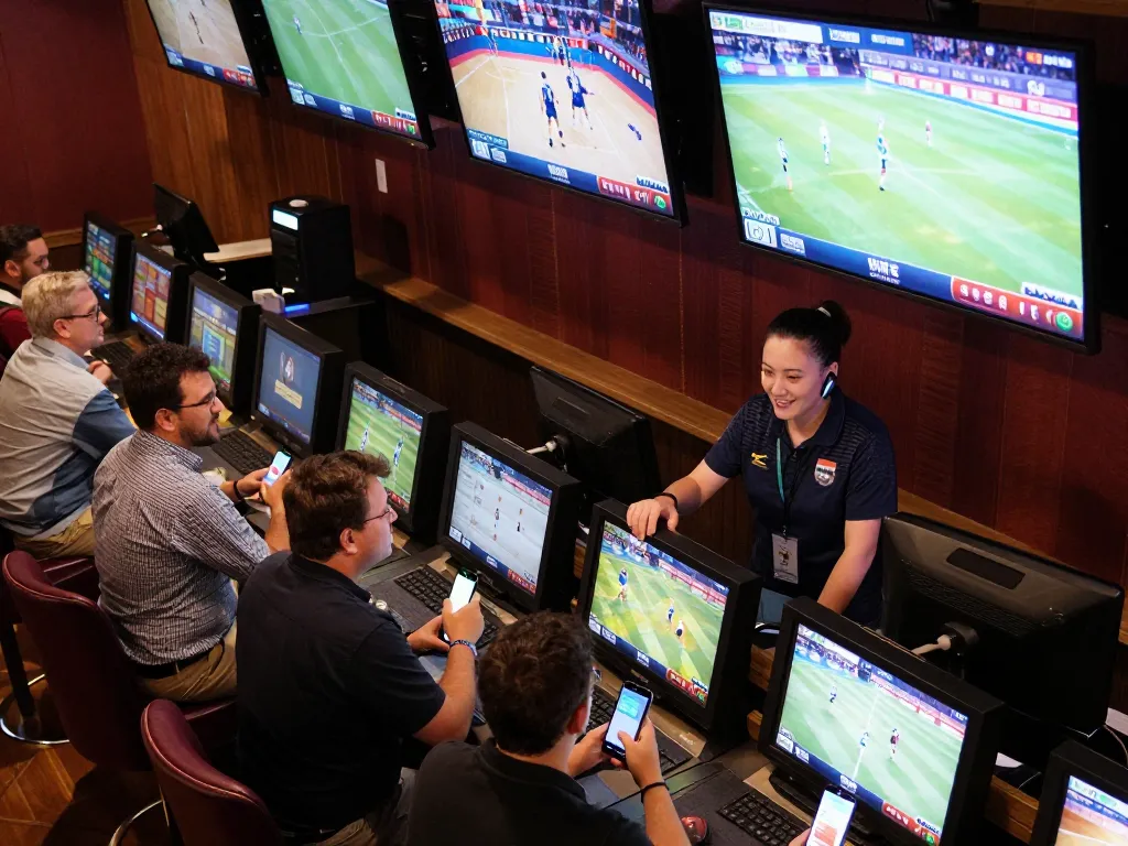 Kèo nhà cái displayed on vibrant sportsbook screens with patrons engaged in betting.