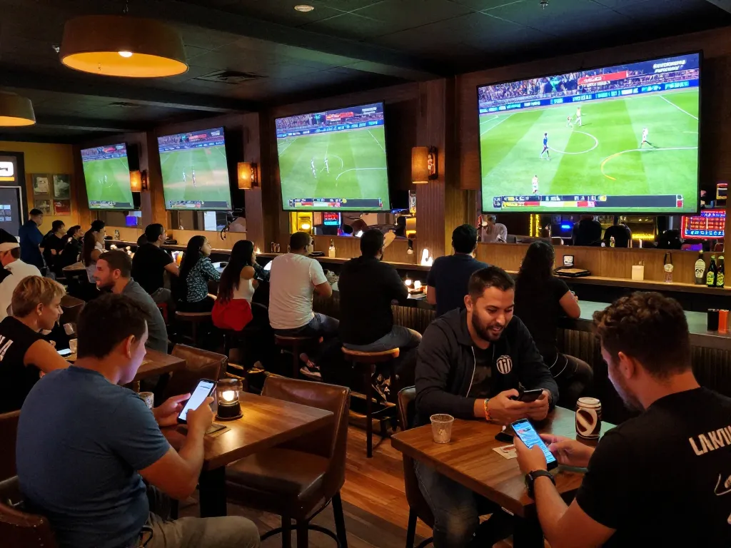 Fans enjoying live soccer on Cakhia TV at an upscale sports bar