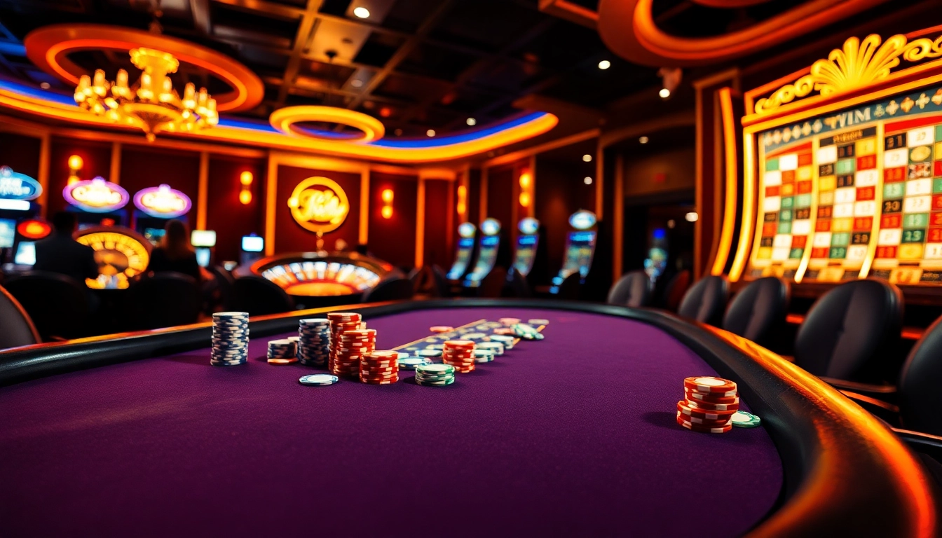 Nohu90 casino scene with poker players, colorful chips, and a roulette wheel in a vibrant atmosphere.