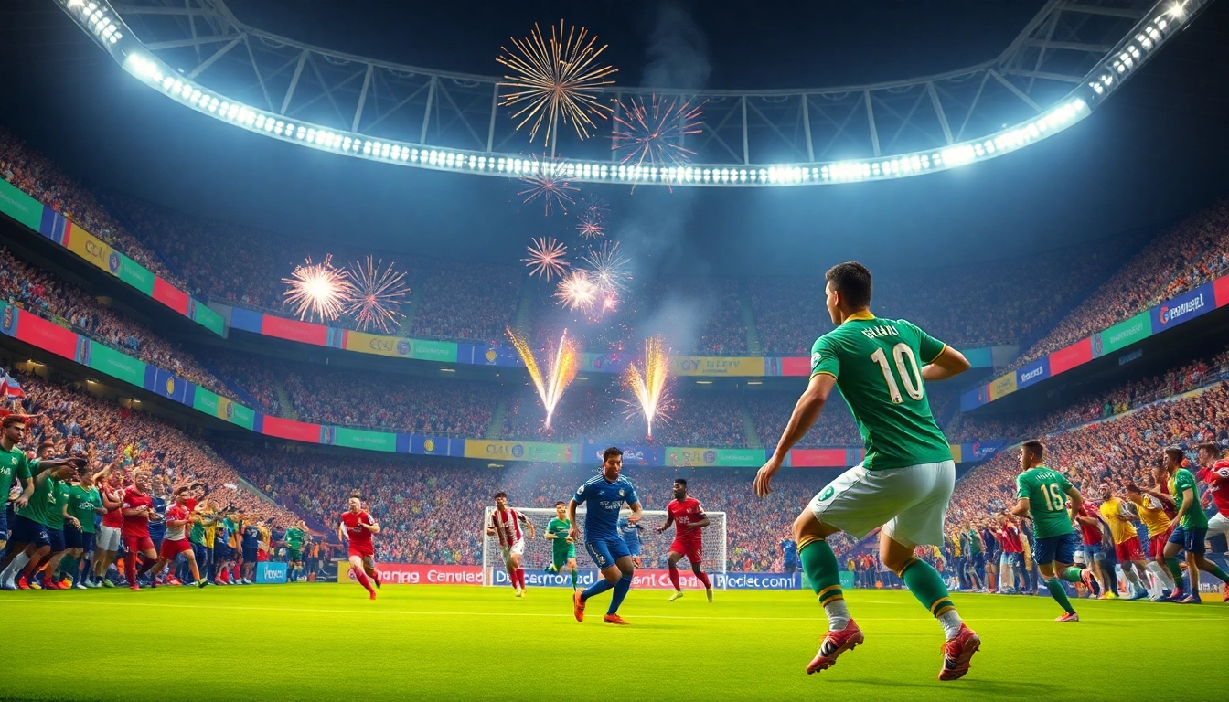 Exciting Premier League match day scene showcasing Giải Bóng đá Ngoại hạng Anh with passionate fans and players in action.