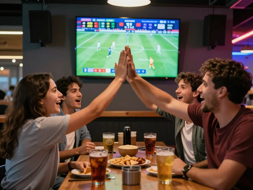 Group of friends enjoying debet betting while watching a live football match in a lively sports bar.