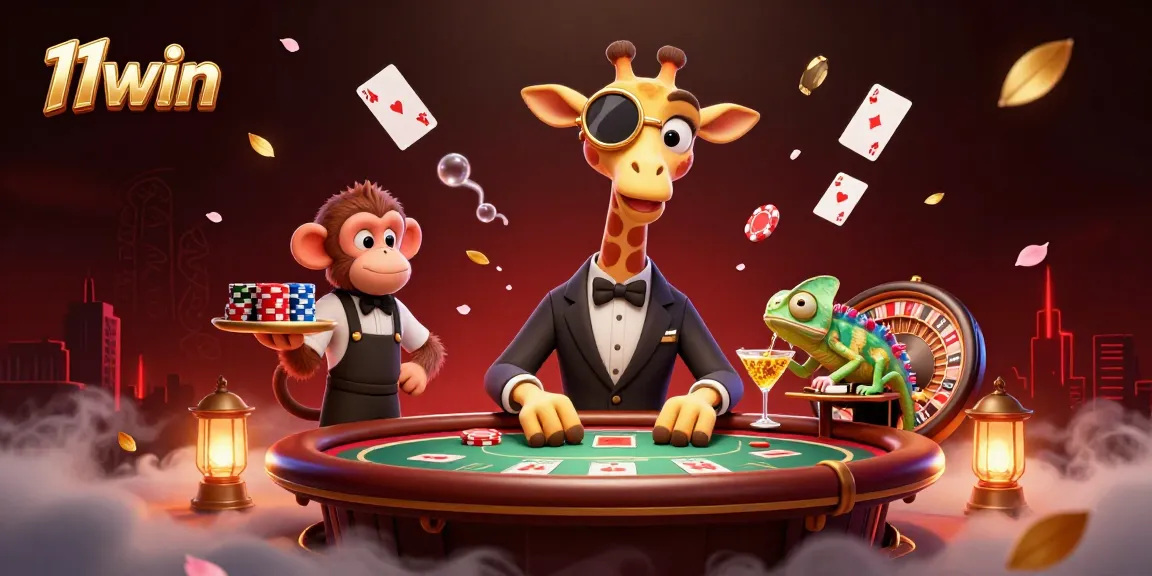 Experience 11win with a thrilling poker scene featuring a giraffe and lively casino activities.