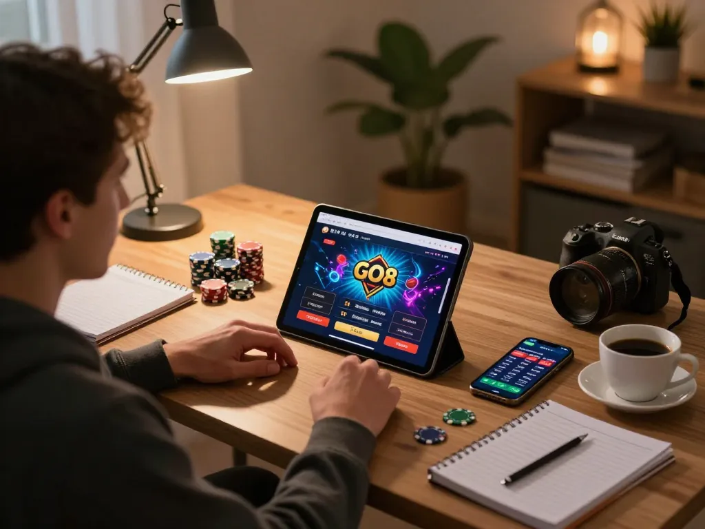Engaging gameplay on GO8 casino app from a modern home office with ambient lighting.