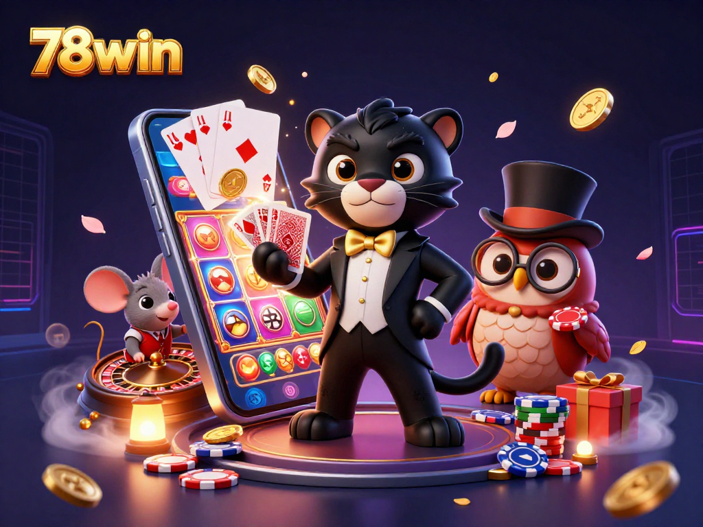 Engage in thrilling gameplay with 78win as the stylish black panther deals cards amid vibrant casino elements.