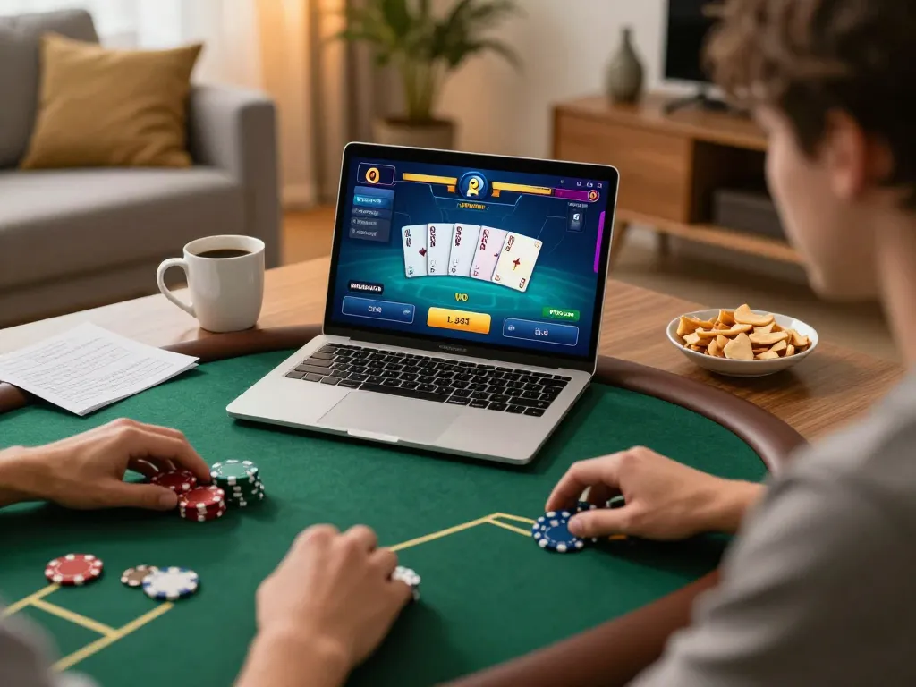 Engaging poker gameplay on dn88 with colorful interface and snacks on a home setup.