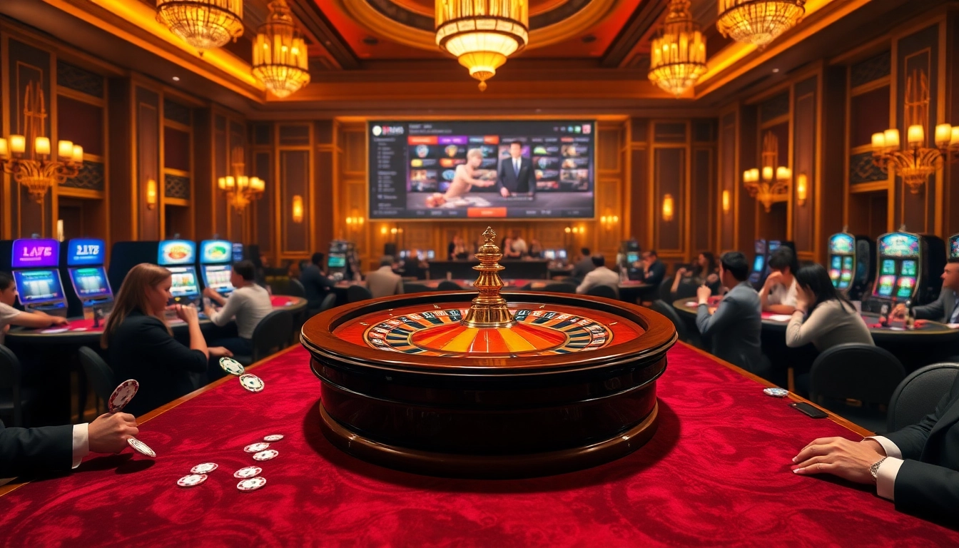 Players enjoying a thrilling game experience at https://five88az.com/ amid luxurious casino surroundings with roulette and poker.