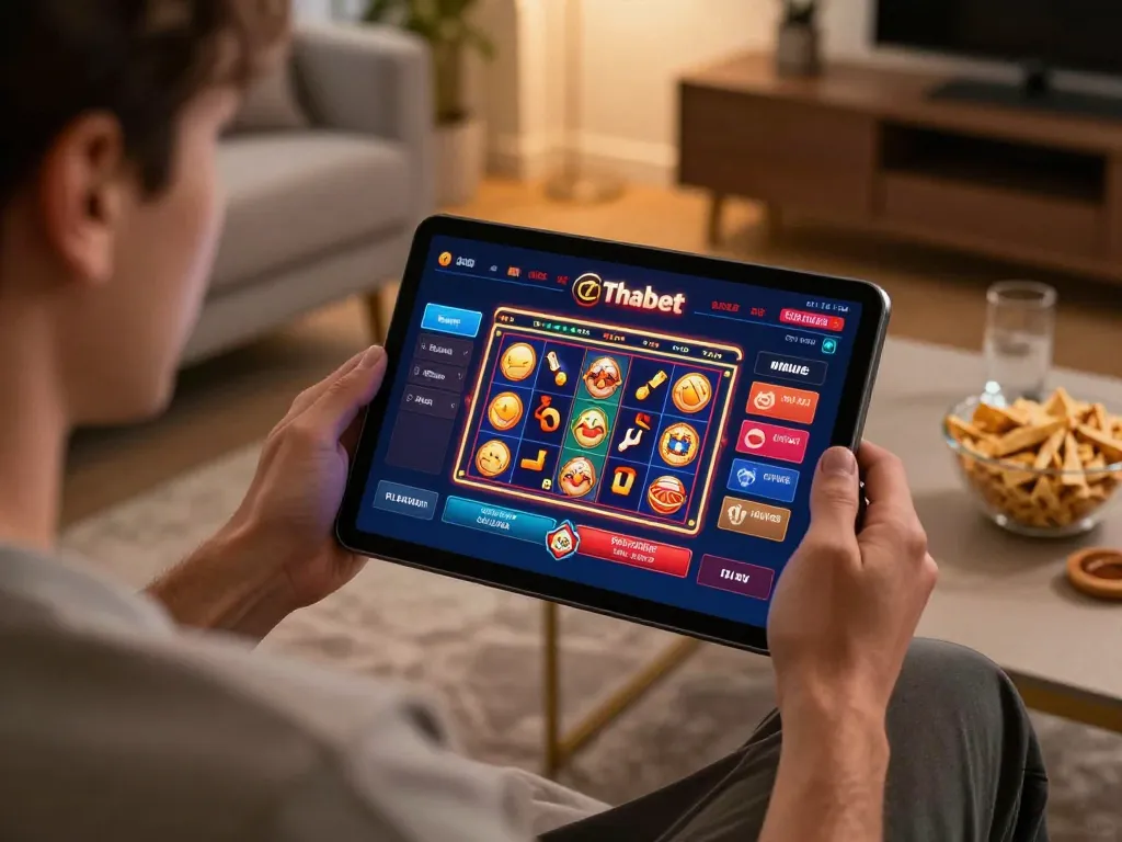 Engaging player using Thabet for online casino gaming in a cozy home setting