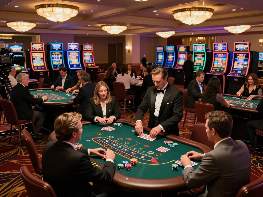 TR88 betting strategies in action at a bustling blackjack table in a luxury casino.