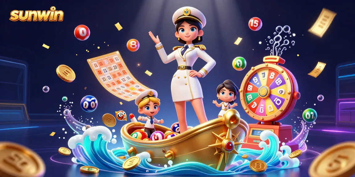 Play exciting games with sunwin's vibrant bingo and lottery elements swirling around in a dynamic scene.