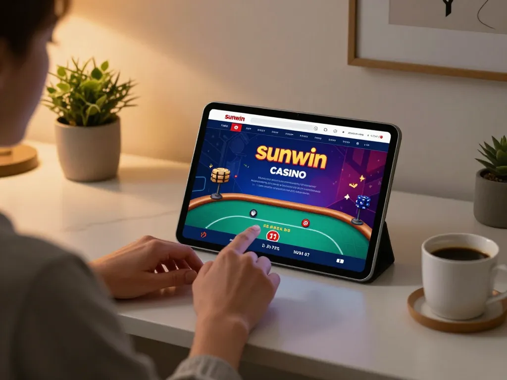 Sunwin app displayed on tablet as player strategizes their game at home