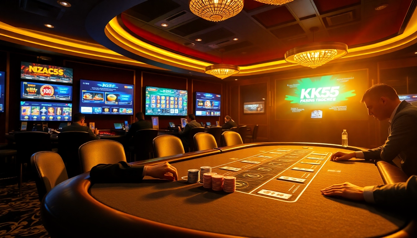 KK55 poker table scene showcasing high-stakes chips and vibrant online gambling atmosphere.
