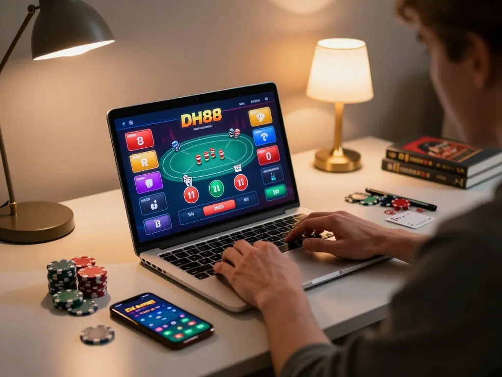 Experience the excitement of DH88 poker gameplay with chips and laptop at home