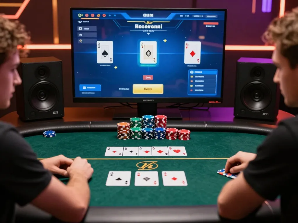 C168 players engaging in an online poker game with strategy notes and chips visible at home.