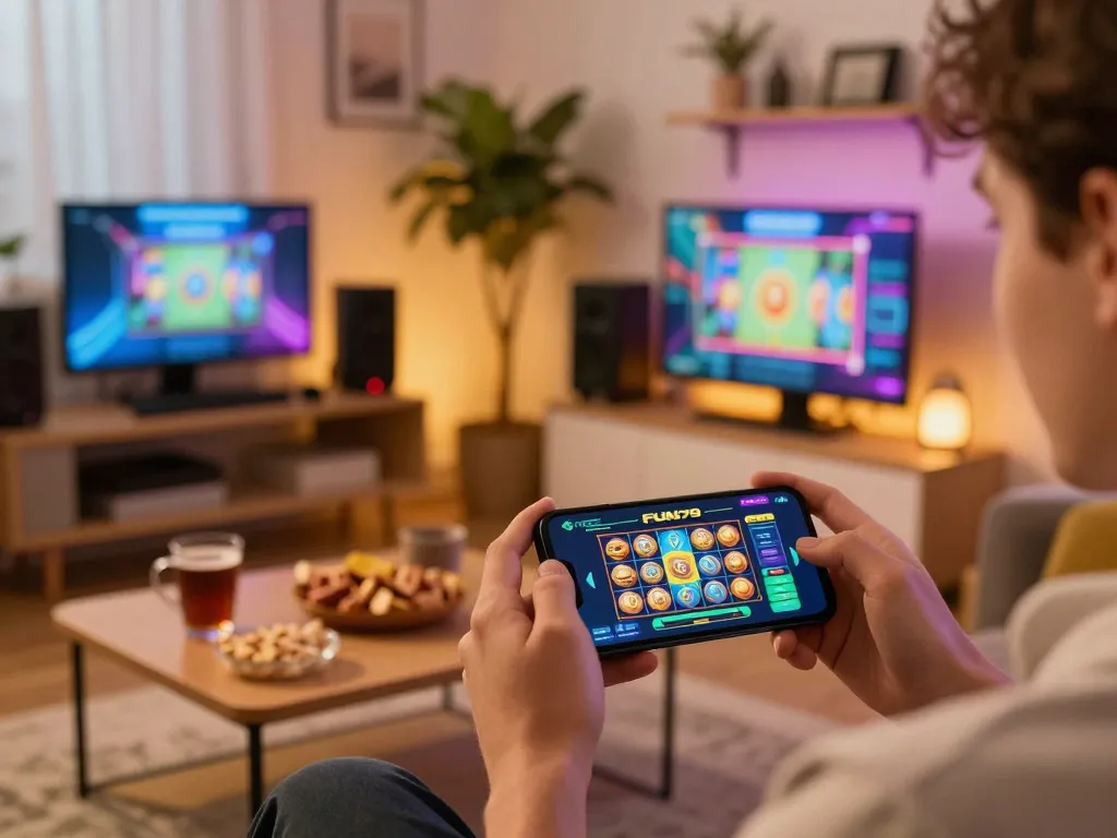 Engaging player using FUN79 app on smartphone in cozy home setting, showcasing online gaming experience.