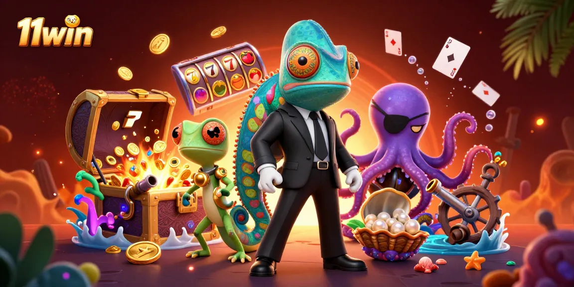 11win showcases an exciting casino scene featuring action-packed slot symbols and vibrant underwater treasures.