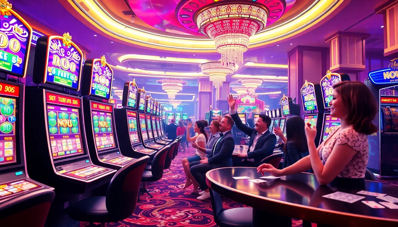 Nohu-themed slot machine players celebrate wins in a vibrant casino atmosphere.