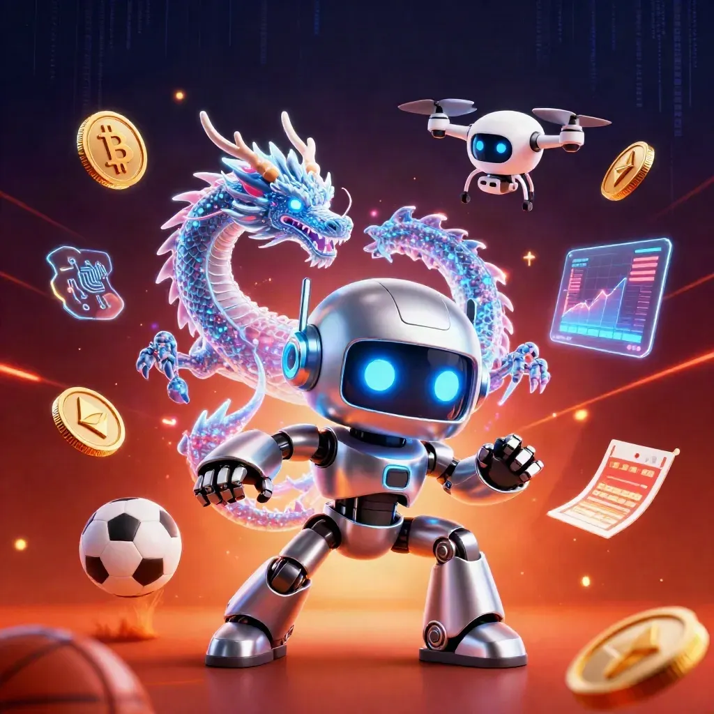 Cyberpunk robot, holographic dragon and coin drone amid neon crypto betting energy.