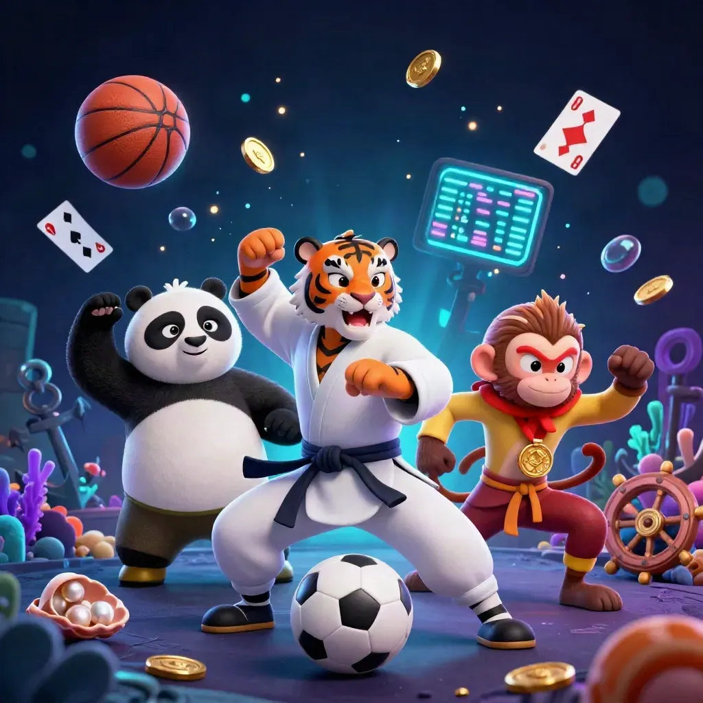 Kung-fu tiger, panda, and monkey amid underwater treasure, sports balls, and gold glow