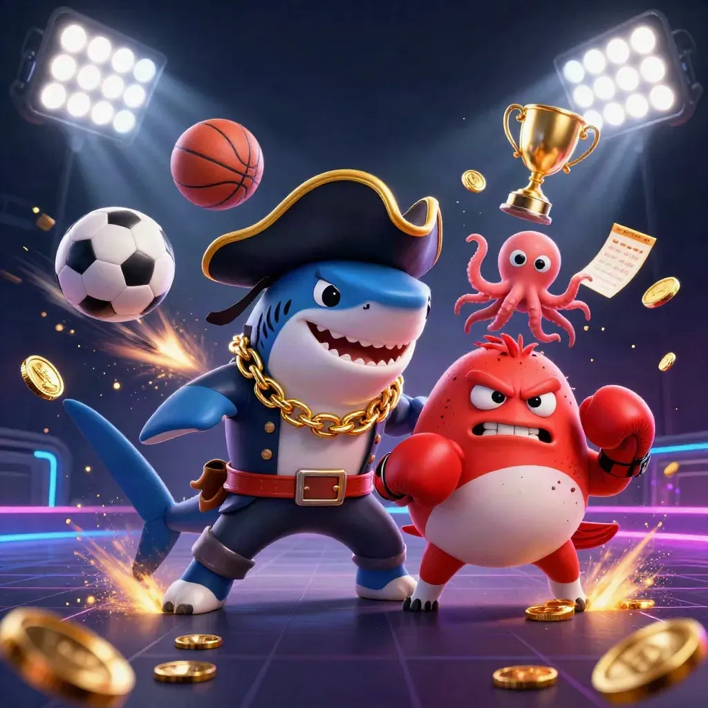 Pirate shark, boxing pufferfish, and coin-juggling octopus amid sports balls, trophy, and neon beams.