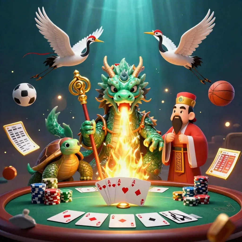 Emerald dragon, turtle sage and cranes amid poker chips, cards and sports props in gold-lit casino fantasy.