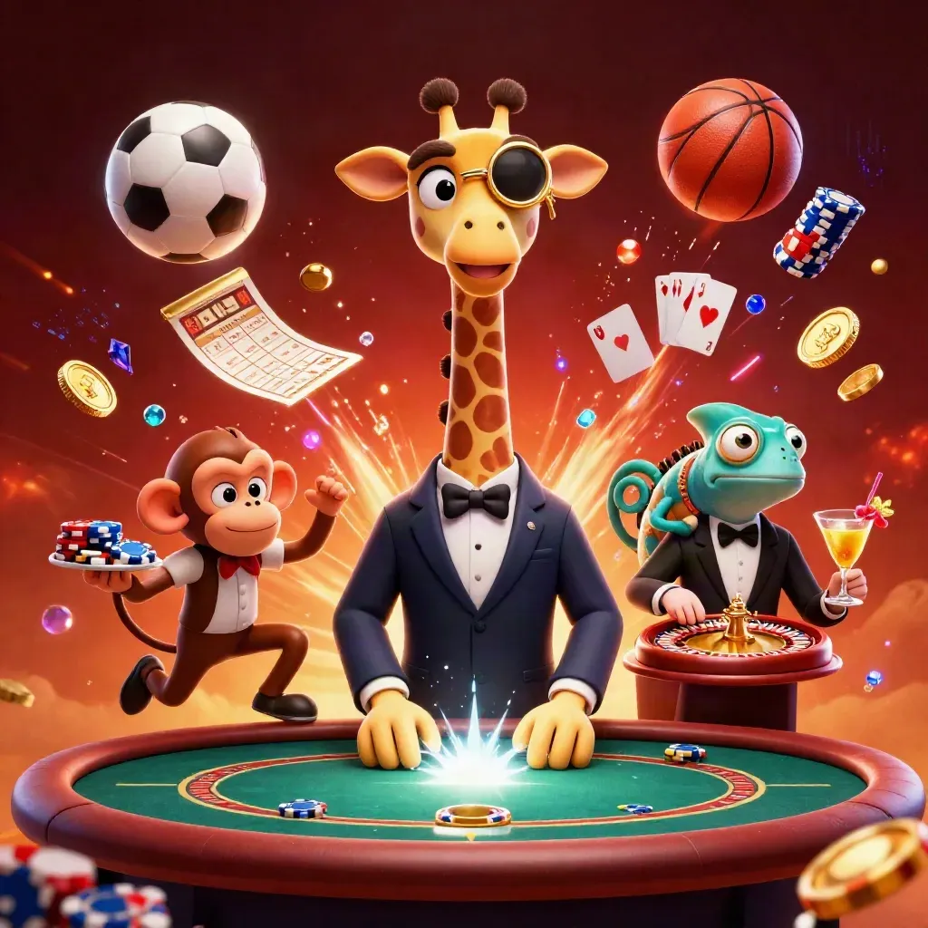 Giraffe, monkey, and chameleon at a casino table amid flying coins, balls, chips, and neon light.