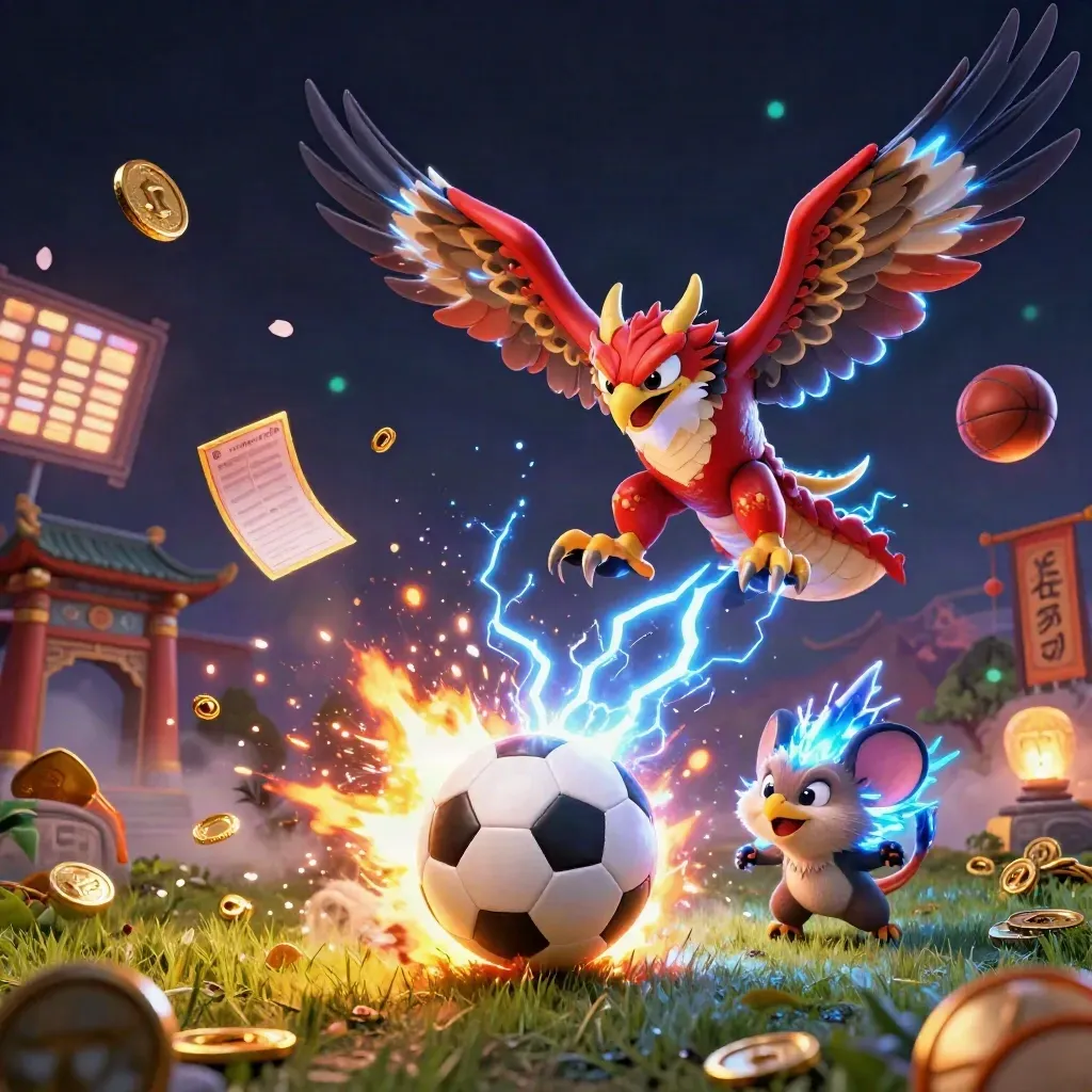 Dragon, hawk and thunder-mouse explode around a soccer ball in a neon casino fantasy scene.