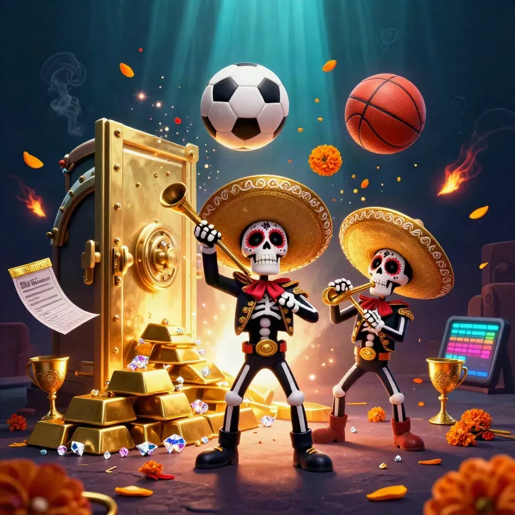 Skeleton mariachi trio by a gold vault with balls, gems, and casino sparks