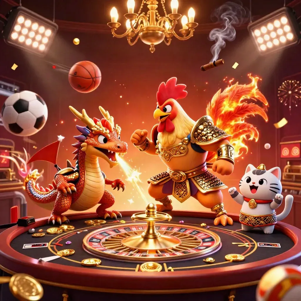 Rooster warrior, dragon hatchling, and fortune-cat in a luxe casino storm of gold and sparks.