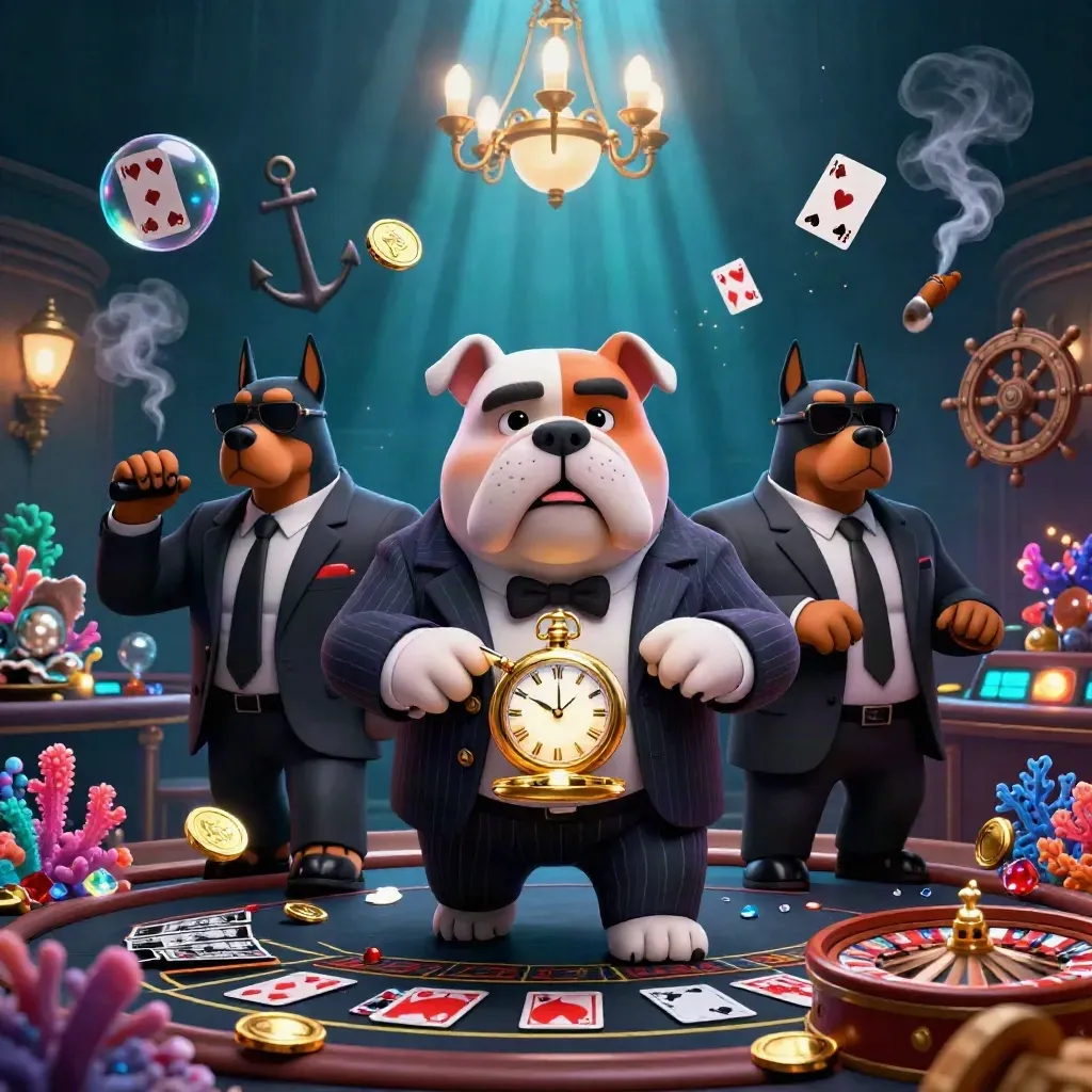 Mafia bulldog and two Dobermans in a glowing underwater casino treasure cove with gold and coral
