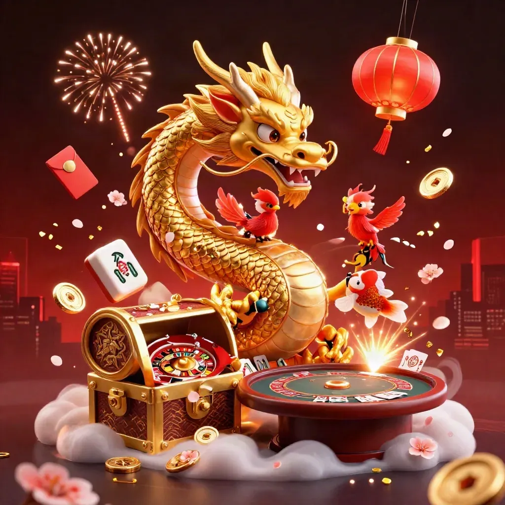 Golden dragon with phoenix, koi, and casino props in a red-gold cinematic splash scene.