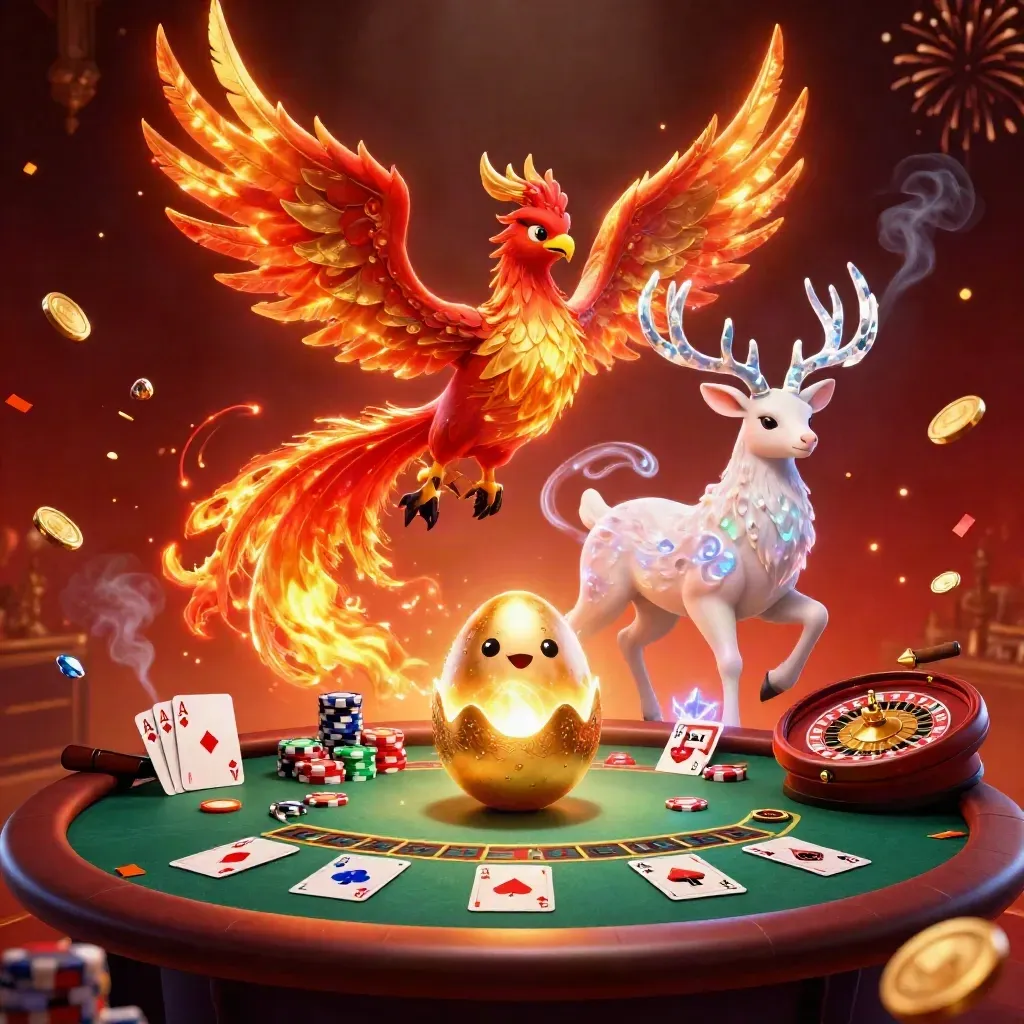 Phoenix, hatching chick, and crystal stag in fiery luxury casino key art