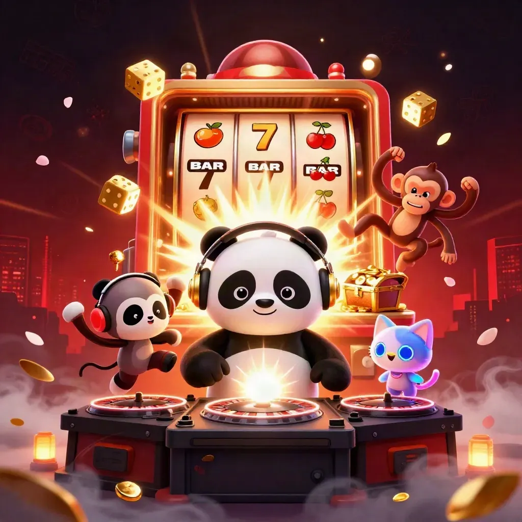 DJ panda, monkey, and rave kitten amid a gold jackpot explosion