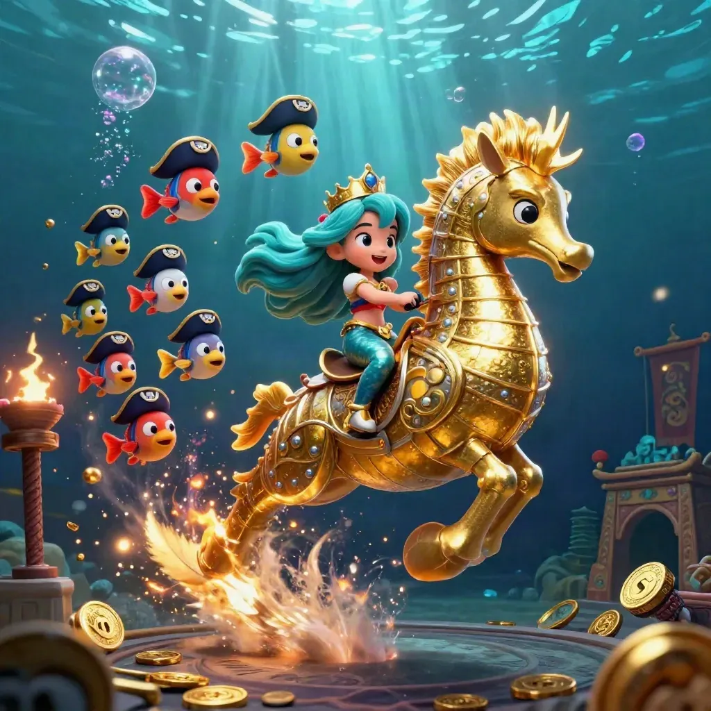 Mermaid princess rides an armored seahorse through a glowing underwater treasure scene.