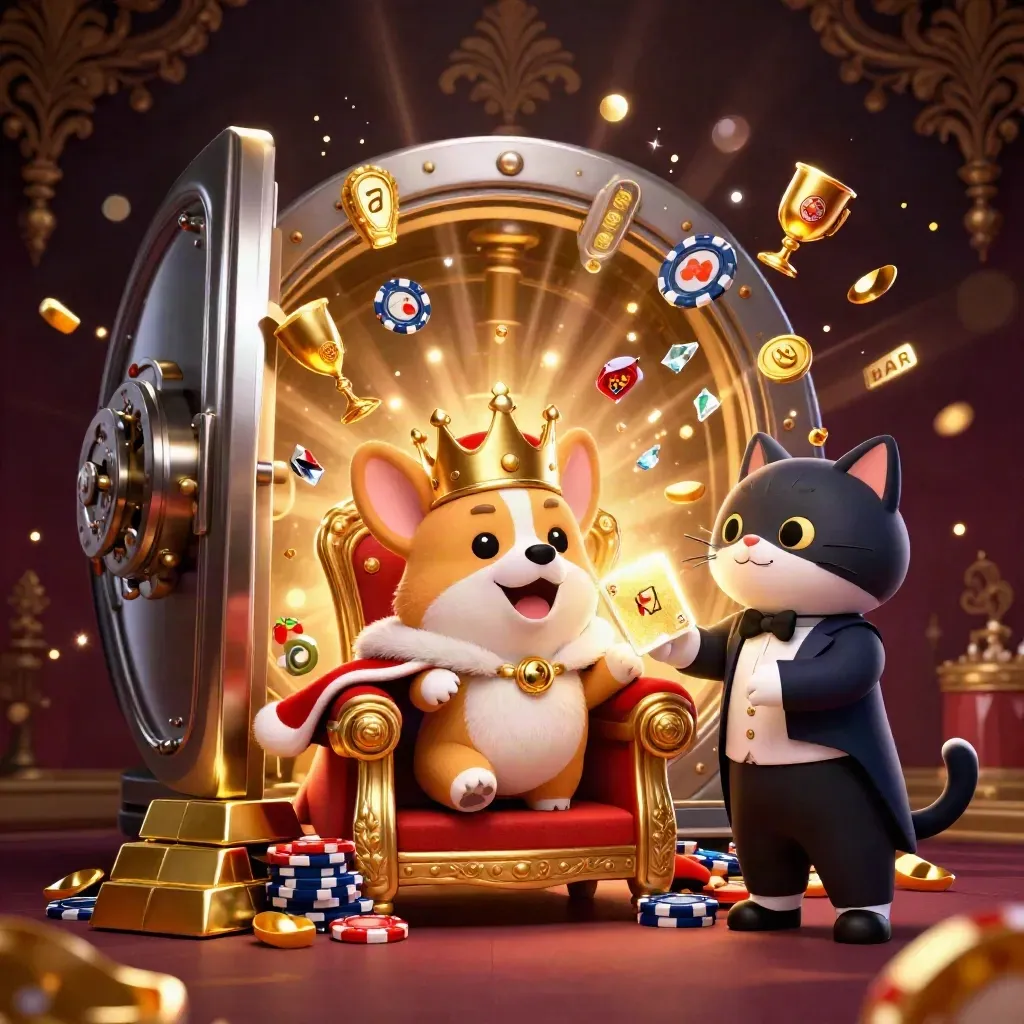 Corgi king and cat butler amid vault gold, chips, gems, and casino sparkle