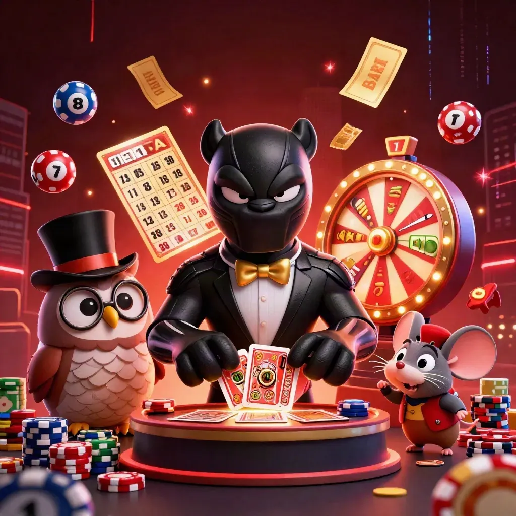 Black panther, owl, and mouse amid casino bursts, red neon glow, chips, balls, wheel, and reels.