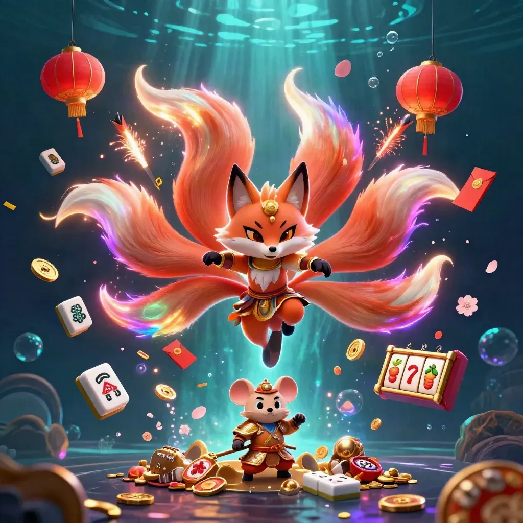 Neon nine-tailed fox spirit and samurai mouse amid casino treasure, lanterns, coins, and underwater glow.
