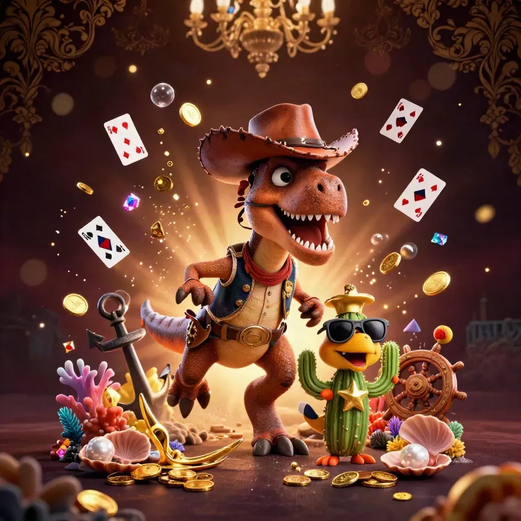 Cowboy T-Rex, cactus sidekick, and roadrunner amid treasure cove coins and glowing coral