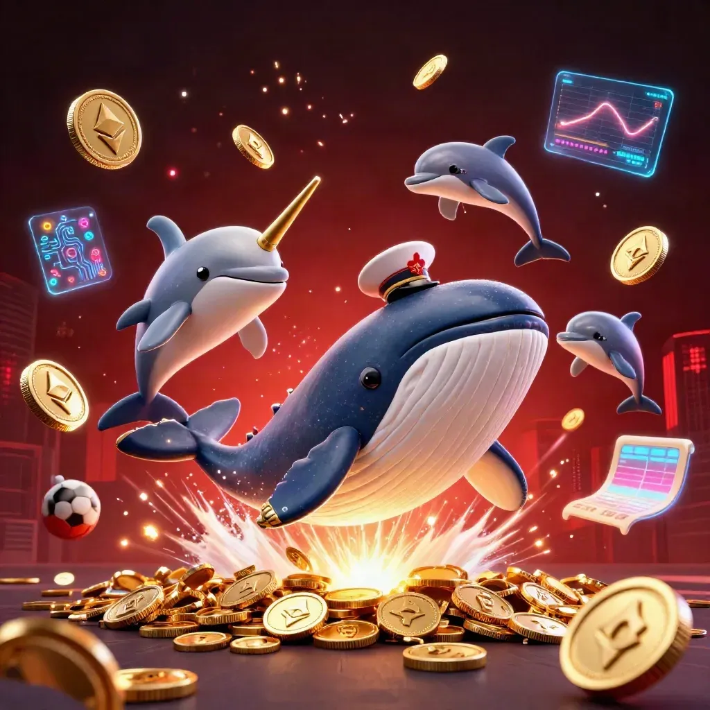 Whale captain, narwhal, and dolphins burst through gold coins with casino neon effects