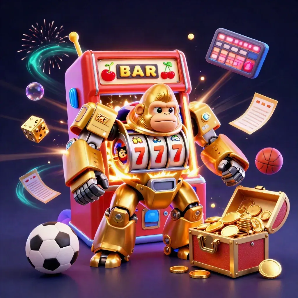 Golden gorilla mech and monkey pilot burst from a slot machine amid coins, dice, sports gear, and fireworks.