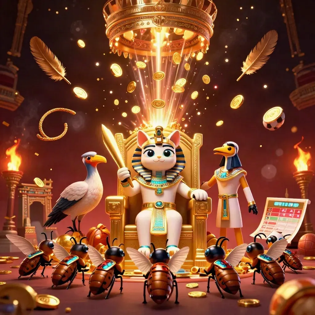 Pharaoh cat, ibis scribe, and gem-wing scarabs amid coins, torchlight, and fireworks.