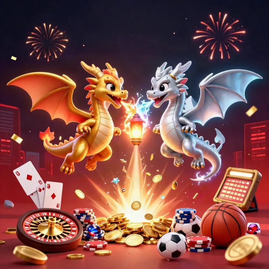 Gold and silver dragons spiral with coin bursts, chips, cards, and fireworks over a dark neon skyline.