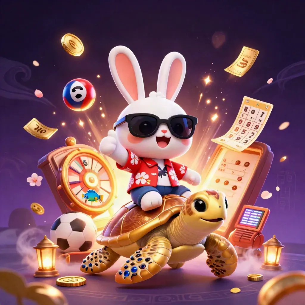 Lucky rabbit on a jeweled turtle amid coins, game props, fireworks, and casino glow.