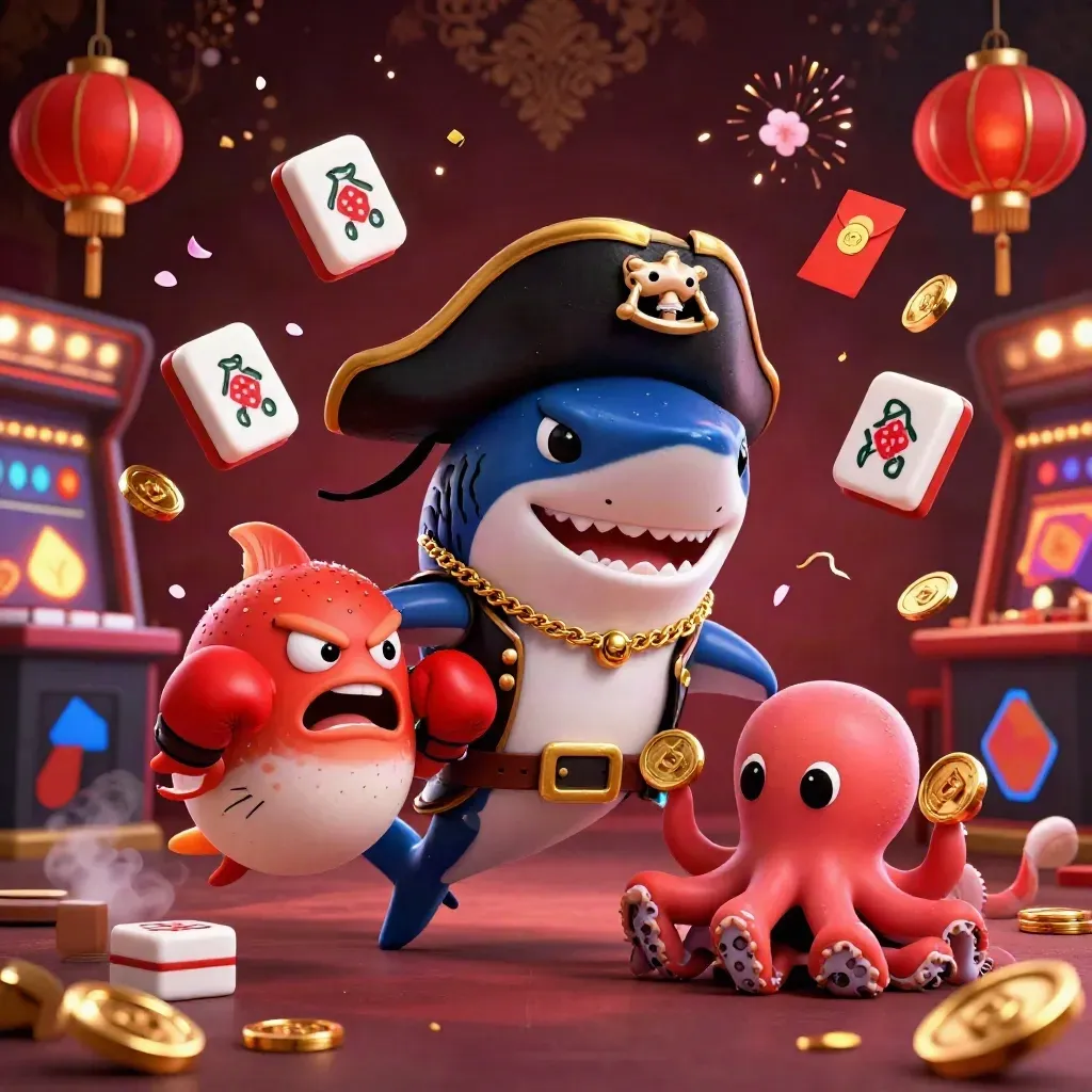 Shark captain, pufferfish boxer, and coin-juggling octopus amid casino loot on a dark gold backdrop
