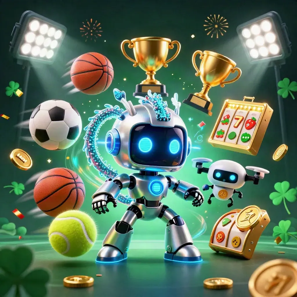 Cyberpunk robot, holographic dragon, and coin drone amid casino sports energy and gold effects
