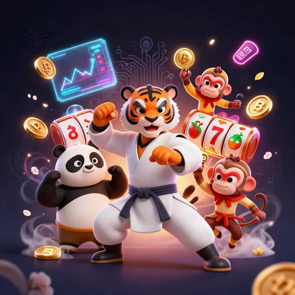 Tiger master, panda and monkey amid crypto coins, jackpot reels and neon casino energy