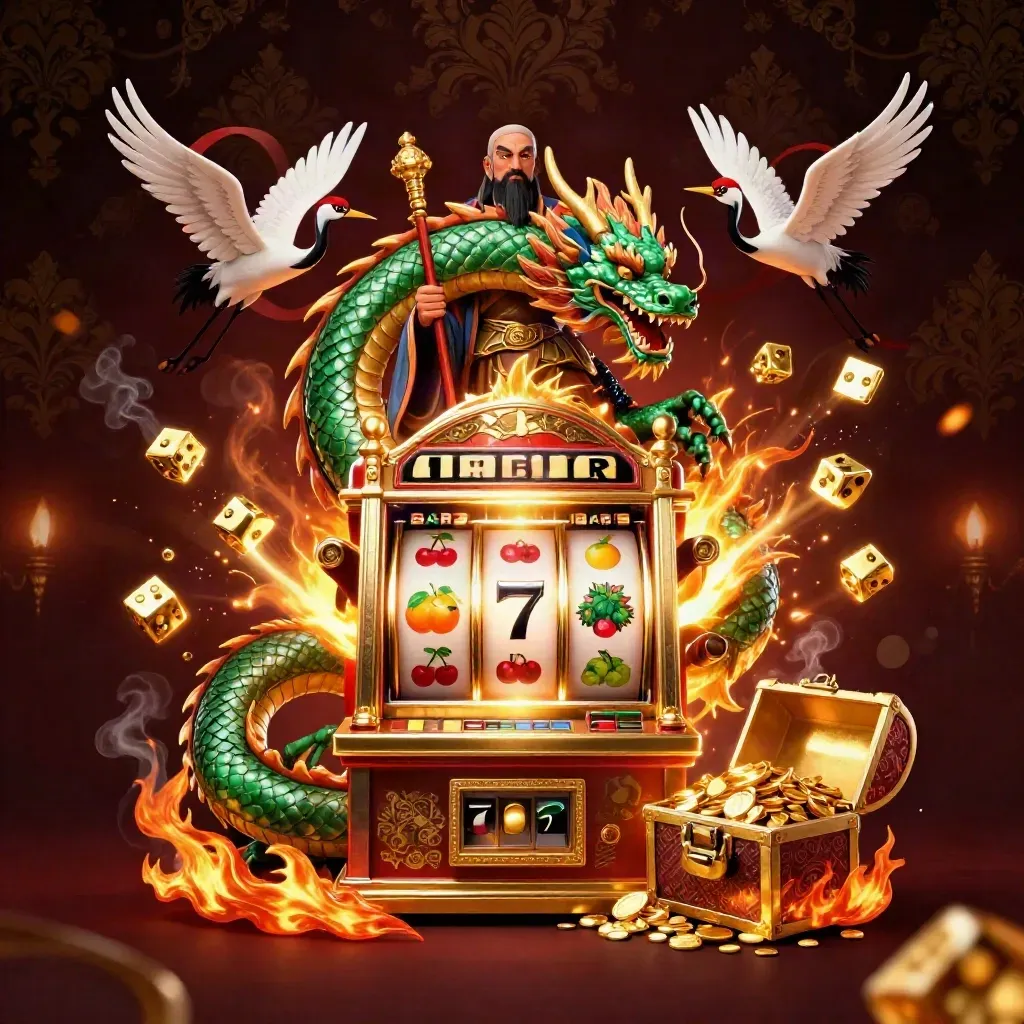 Jade dragon, turtle sage, and cranes amid slot reels, dice, gold, and dark casino fire.