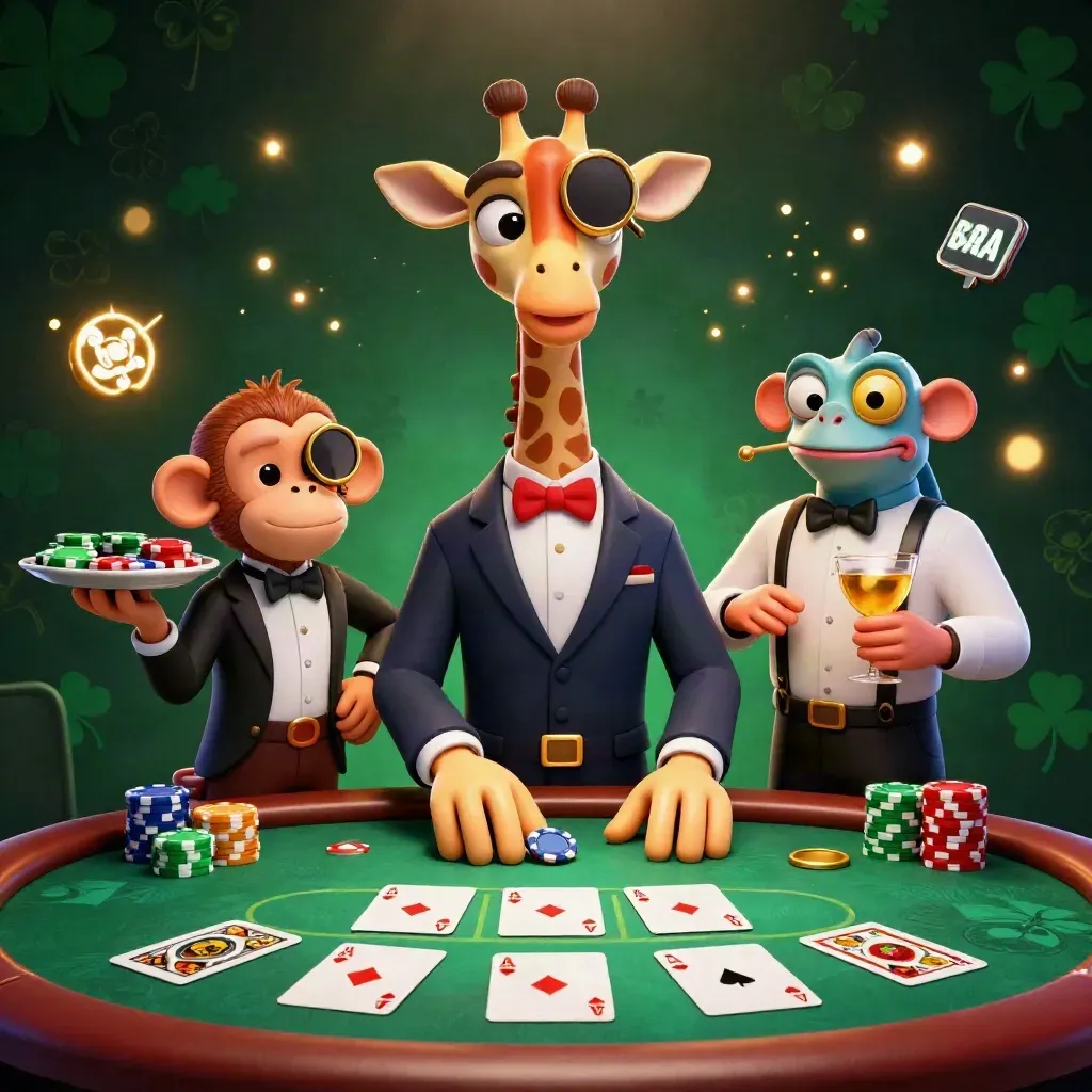Giraffe high roller, monkey valet, and chameleon bartender around a lit poker table