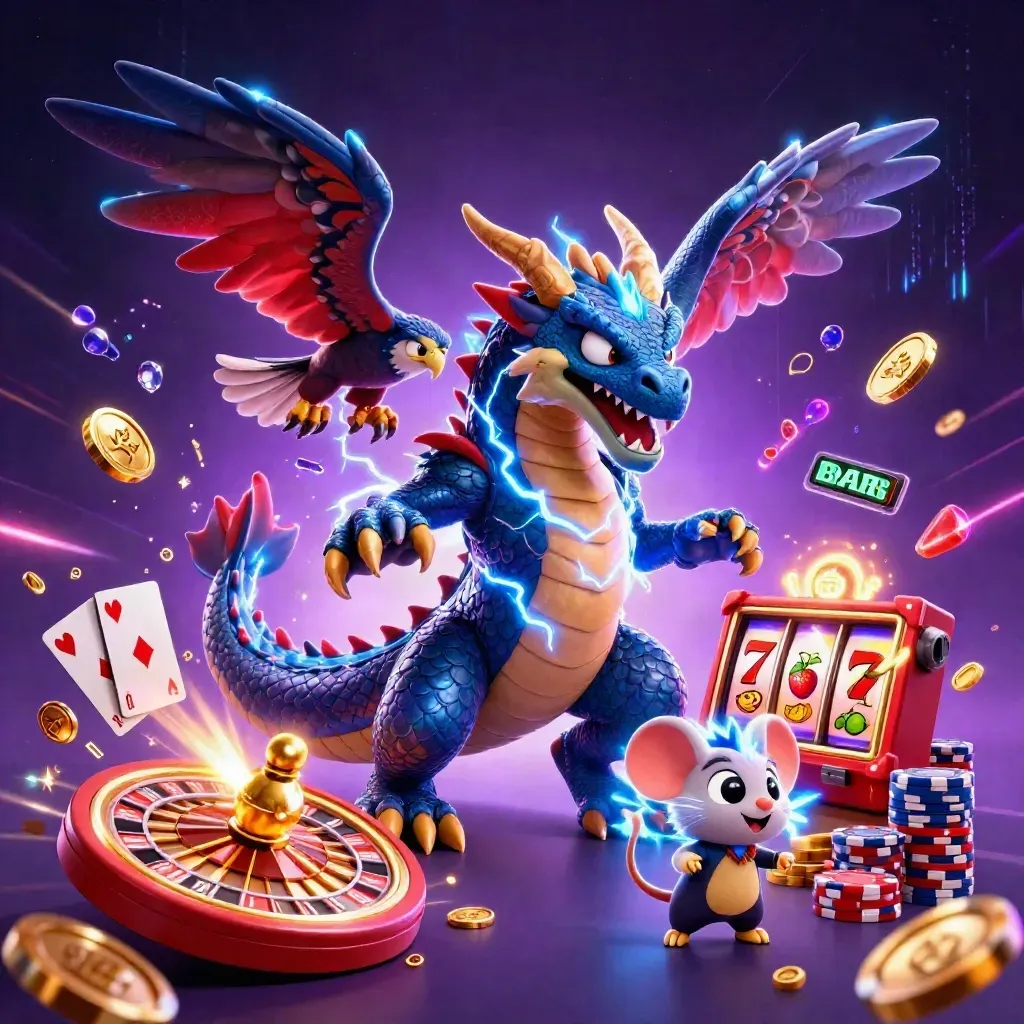 Thunder dragon, hawk, and mouse amid casino riches, lightning, coins, reels, and glowing energy.