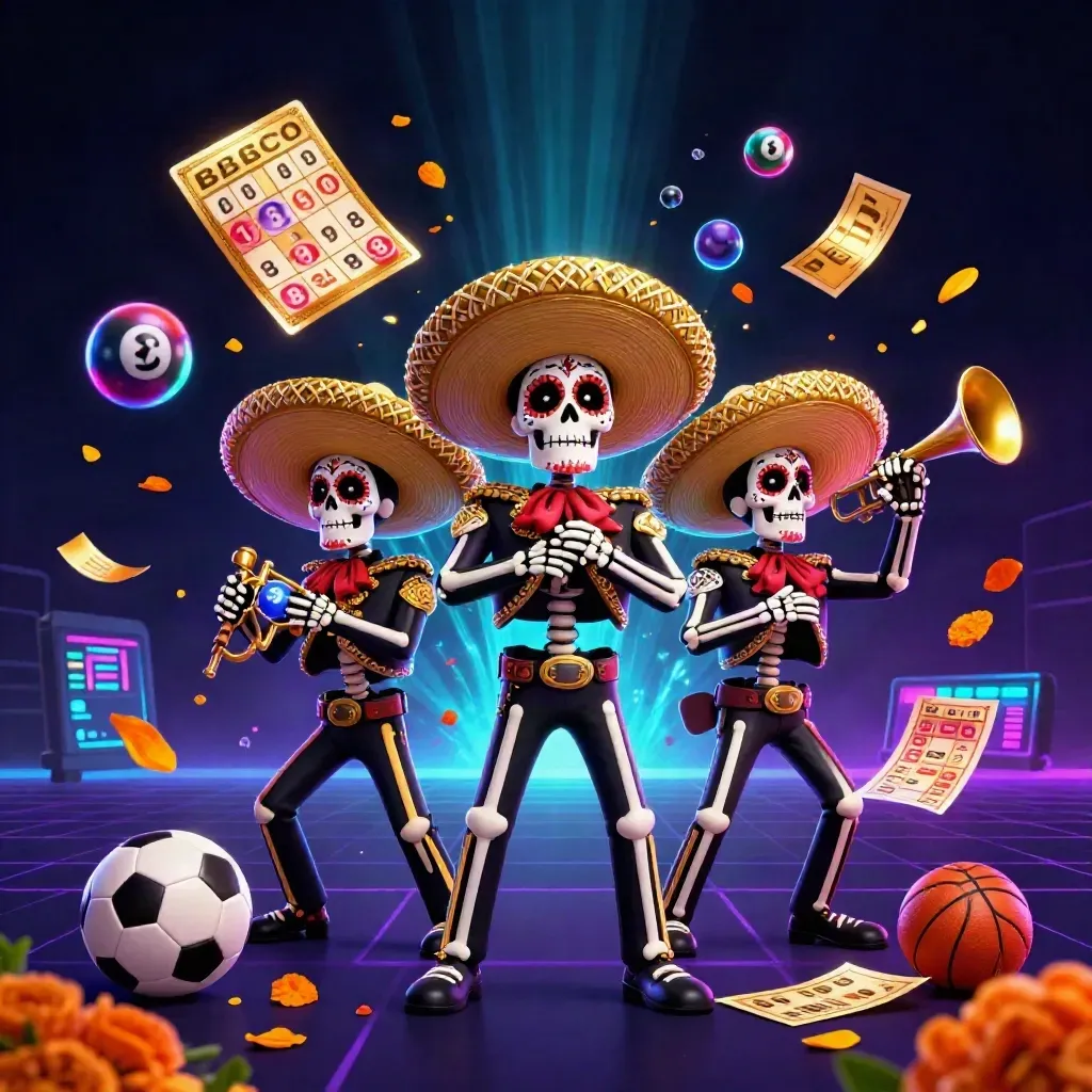 Skeleton mariachi trio with lottery balls, prize wheel, and glowing casino accents